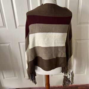 Womens Poncho Cape Sweater OSFM Stripes Wool Blend Fringe Colorblock 70s Retro